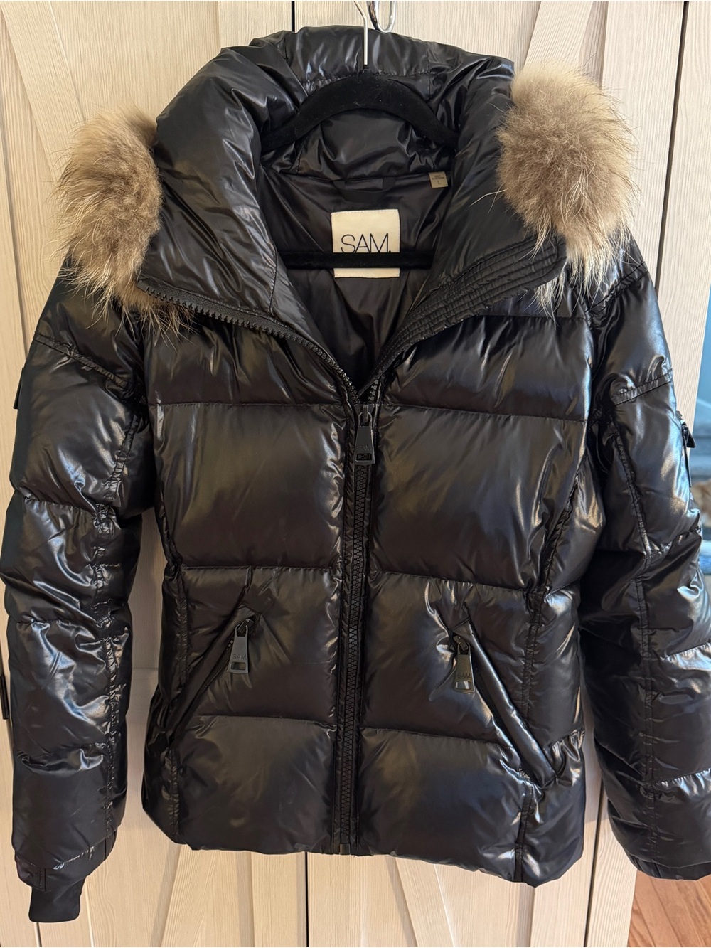 SAM. Black Glossy Puffer Jacket with Faux Fur Trim